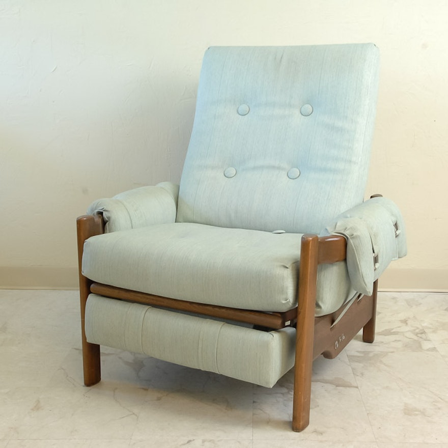 Mid Century Modern Blue Vinyl and Walnut Recliner