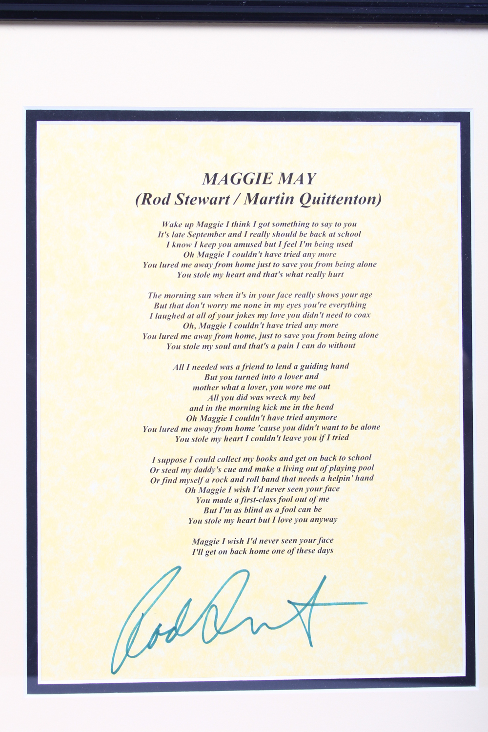Rod Stewart Photo and Signed "Maggie May" Lyrics