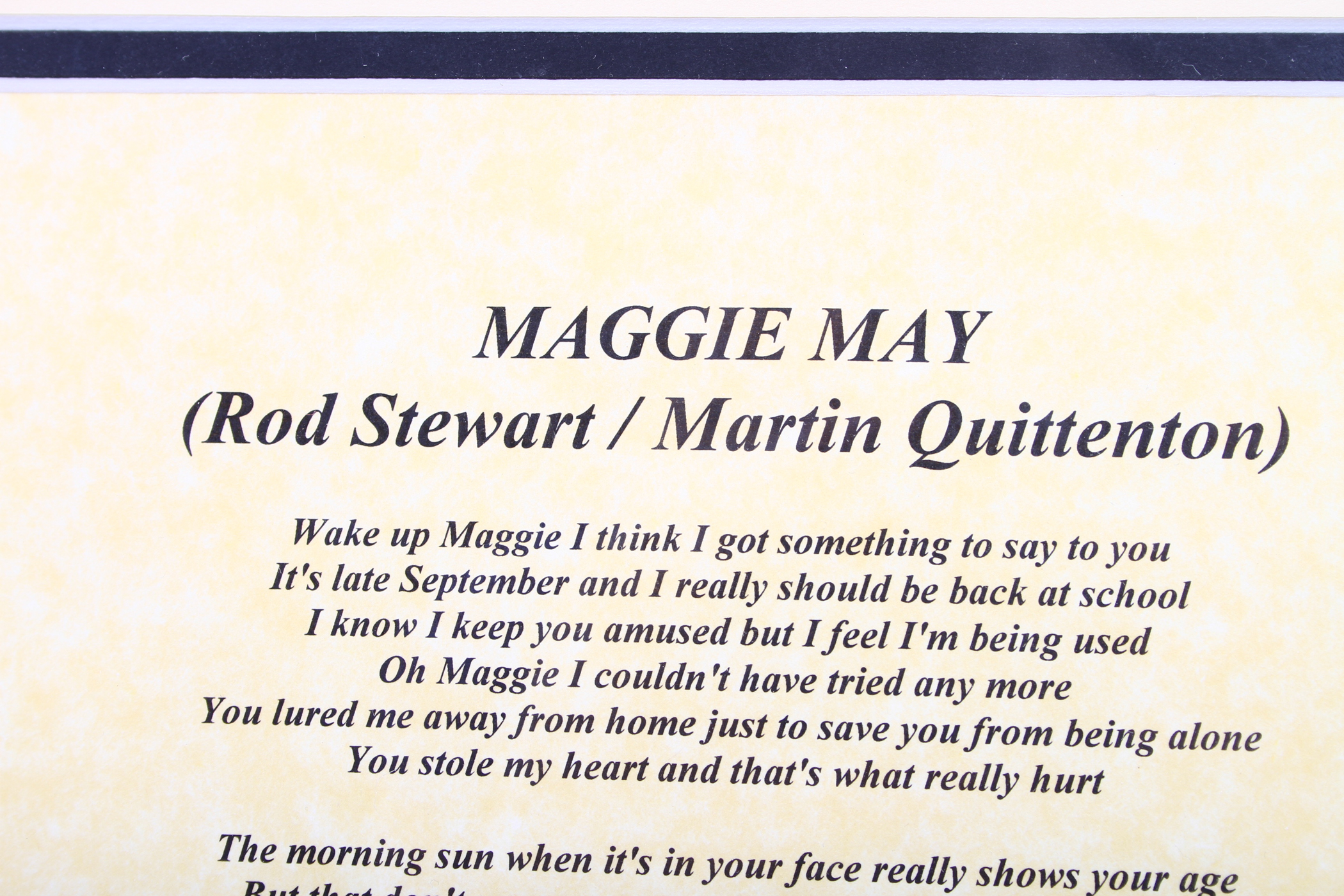 Rod Stewart Photo and Signed "Maggie May" Lyrics