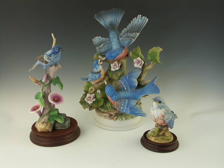 Hand Painted Porcelain  Blue Bird Figurines by Andrea