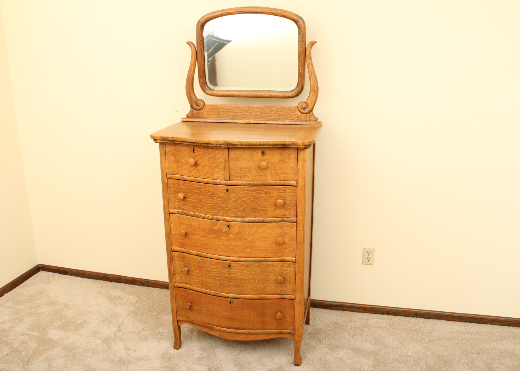 Antique Oak Highboy Dresser and Mirror