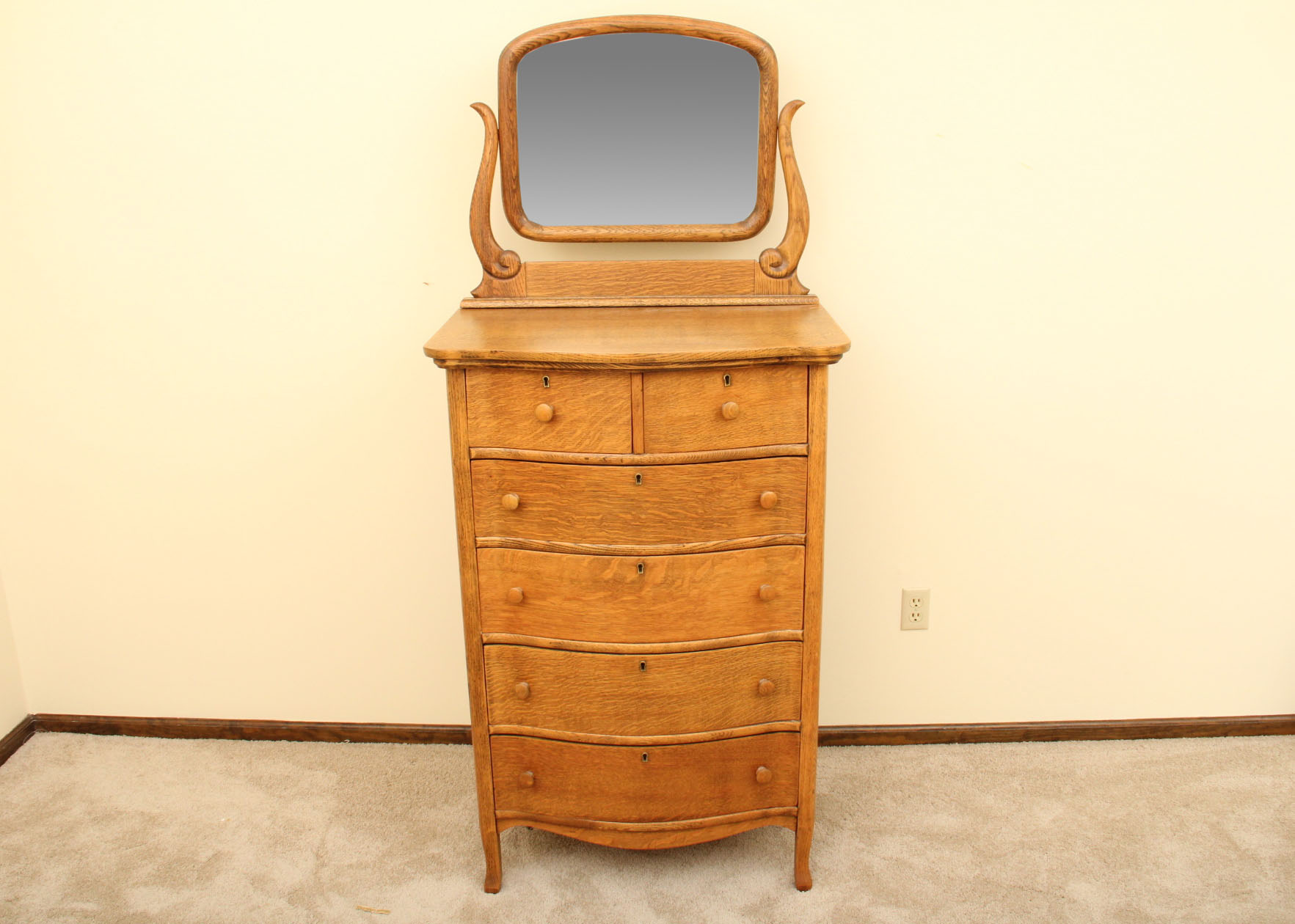 Antique Oak Highboy Dresser and Mirror
