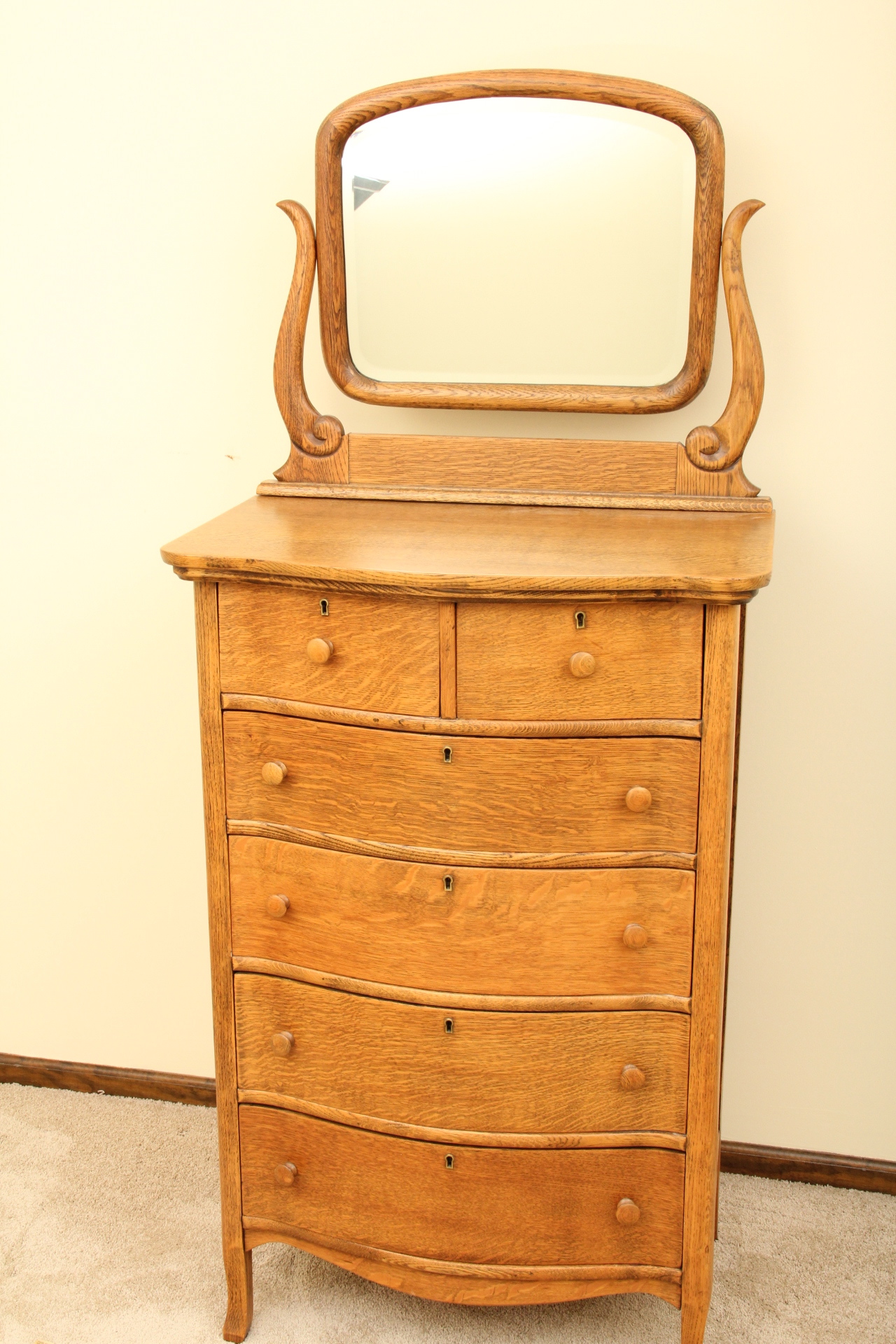 Antique Oak Highboy Dresser and Mirror