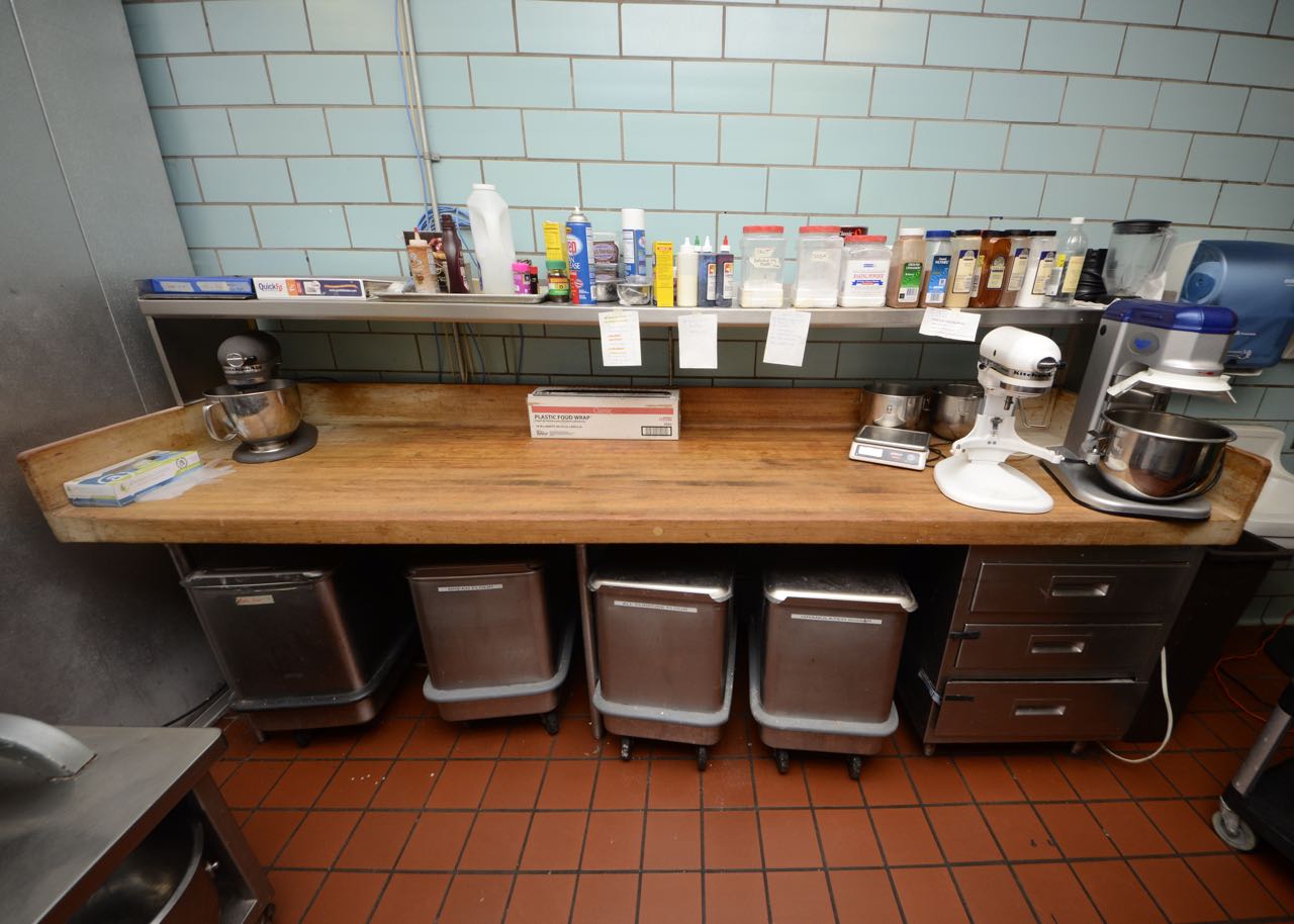 Industrial Butcher-Block Counter with Metal Rack