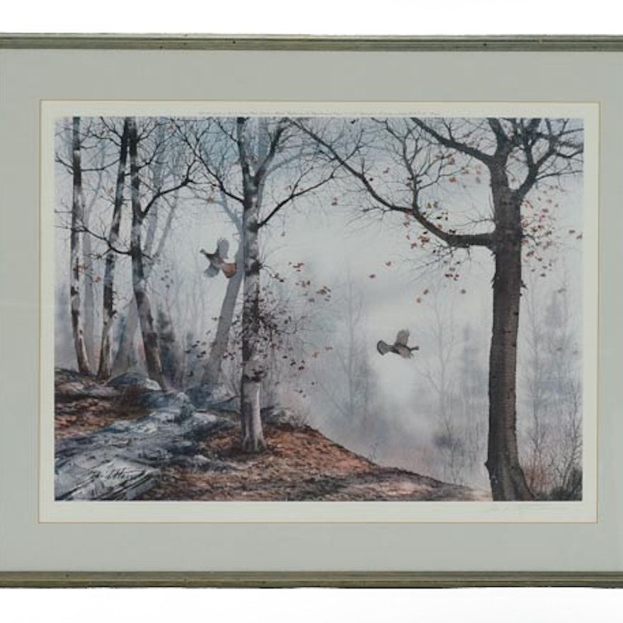 "Grouse Flying in The Forrest" David Hagerbaumer Offset Print