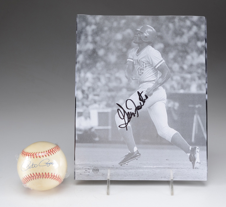 Pete Rose Signed Baseball Plus Reds Photos