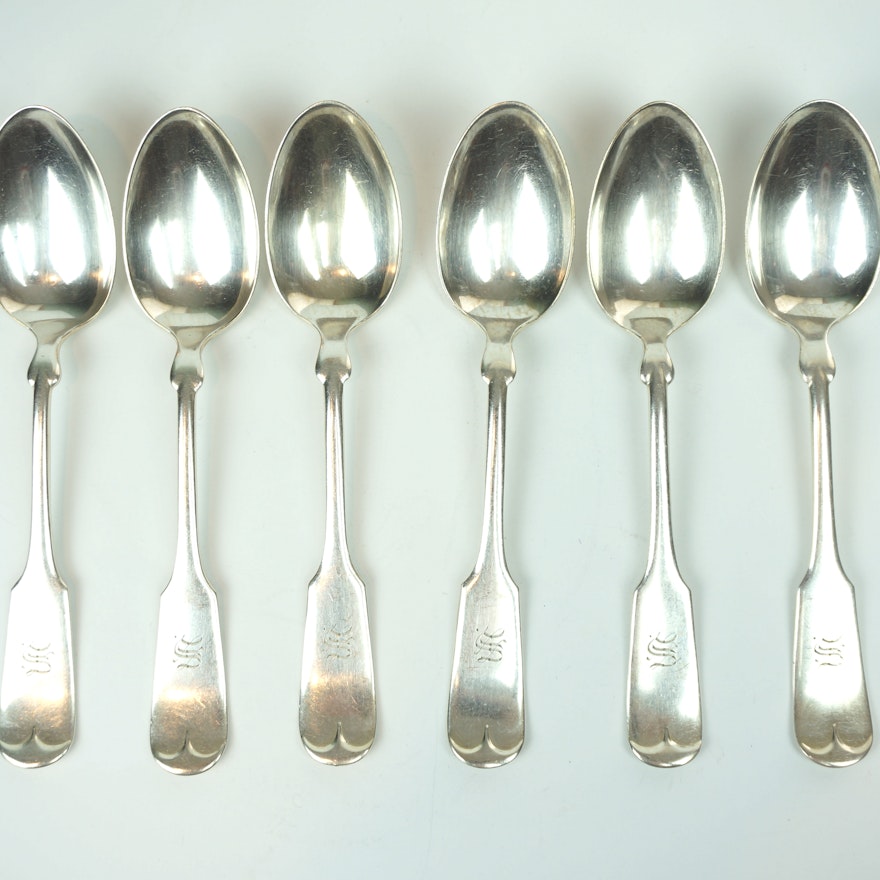 Set of Six Monogramed Silver Plated Dessert Spoons