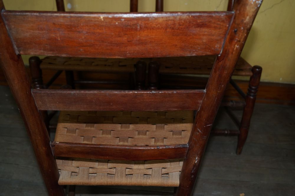 Trio of Vintage Ladder Back Chairs with Checkerboard Woven Seats