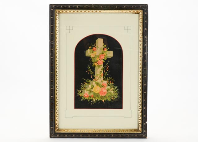 Vintage Art Print - Headstone with Flowers