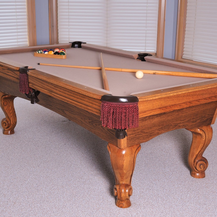 Solid Oak Slate Pool Table with Leather Pockets