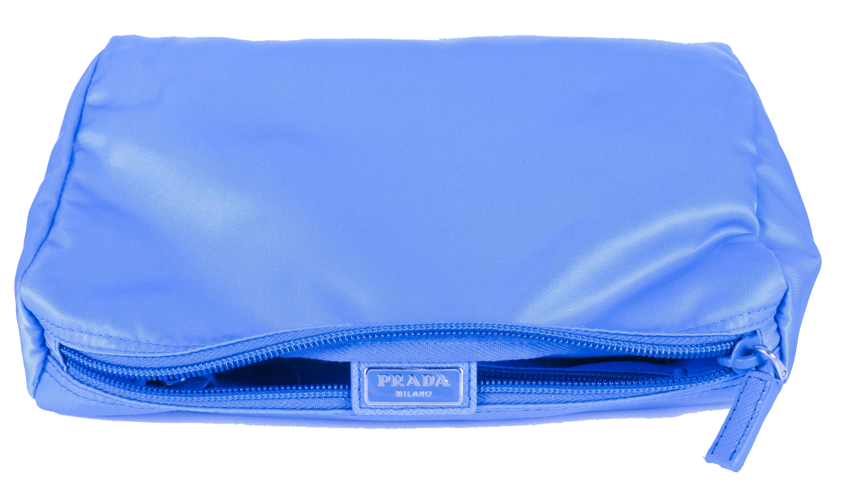 Blue Prada Vela Trapezoid Cosmetic Case.