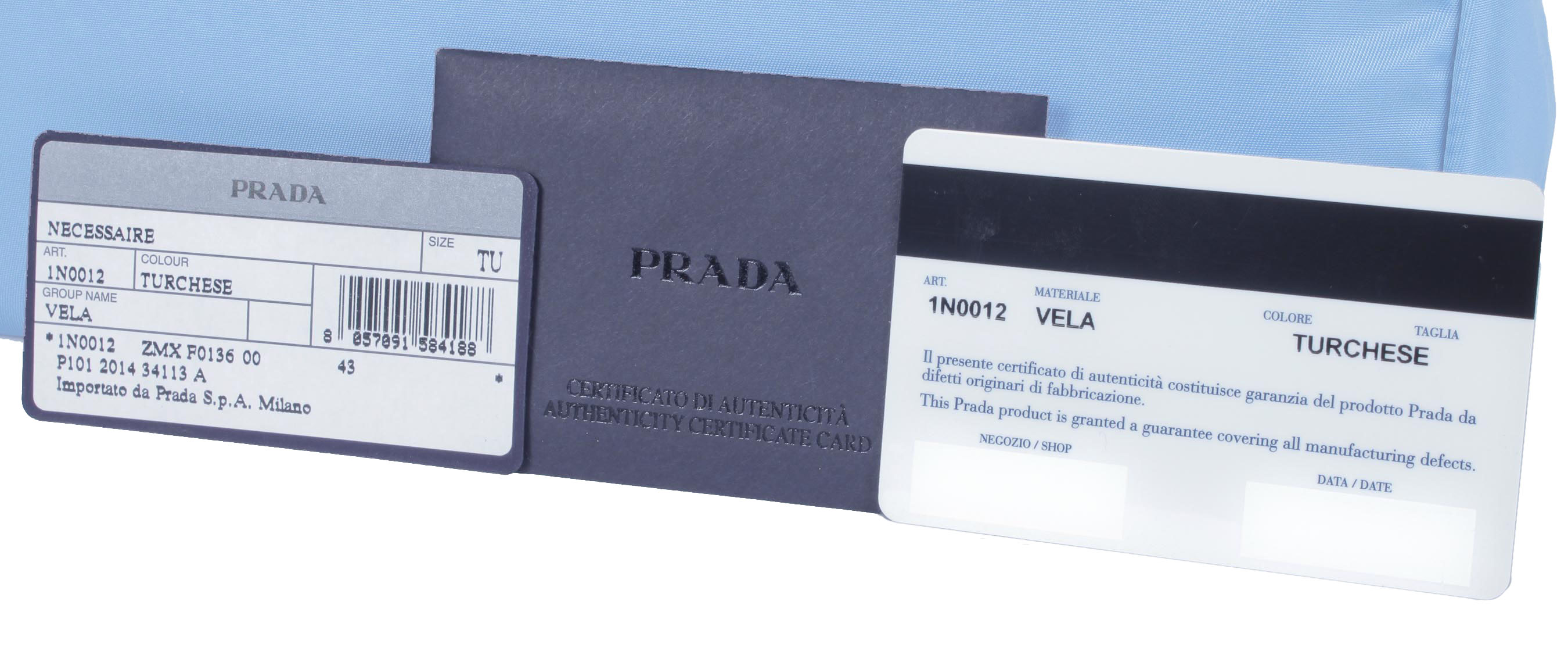 Blue Prada Vela Trapezoid Cosmetic Case.
