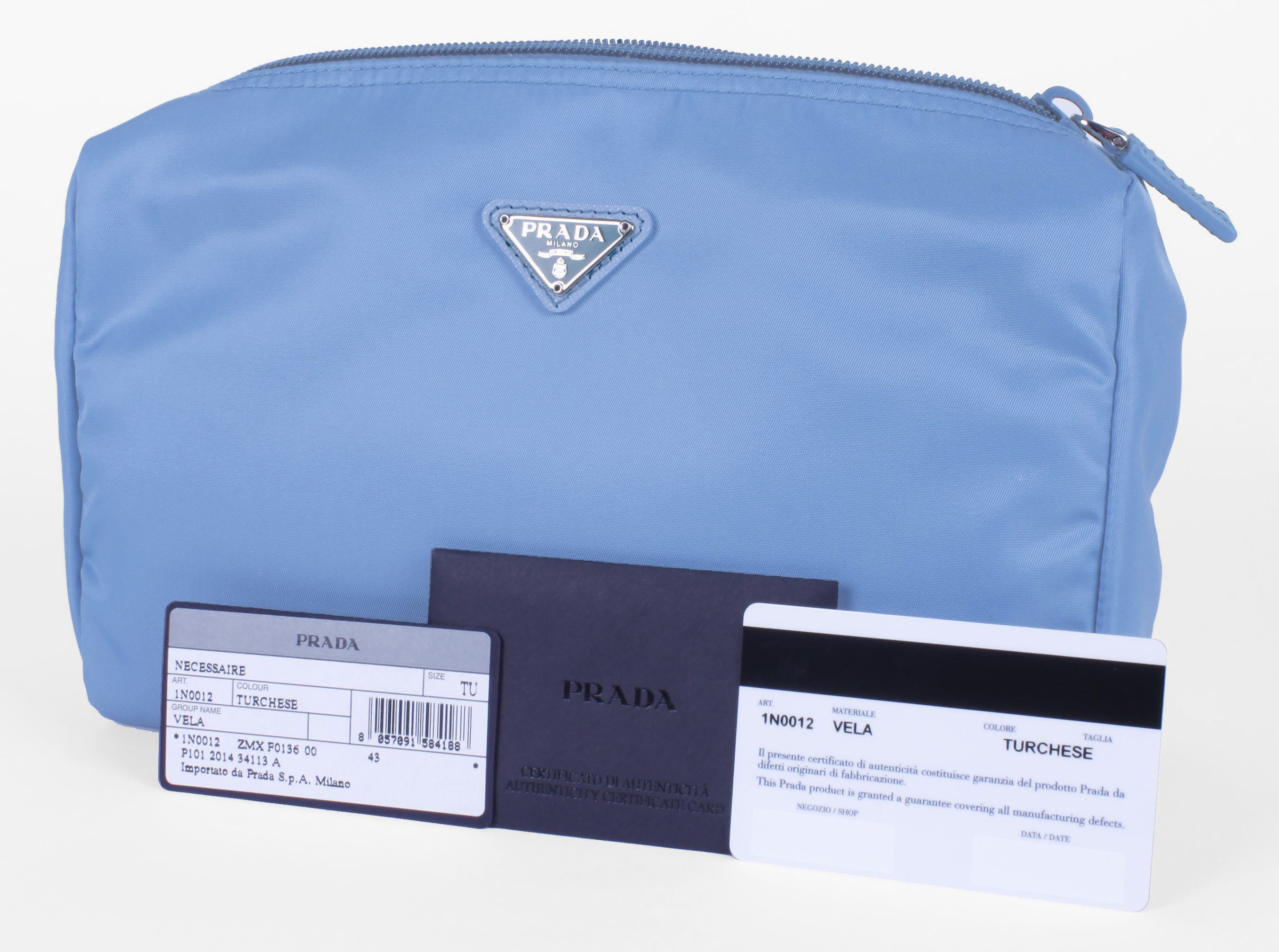 Blue Prada Vela Trapezoid Cosmetic Case.