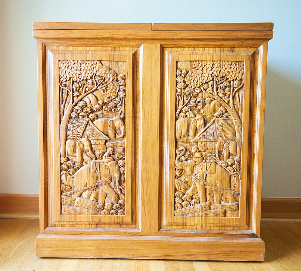 Vintage Hand-Carved Teak Rolling Bar