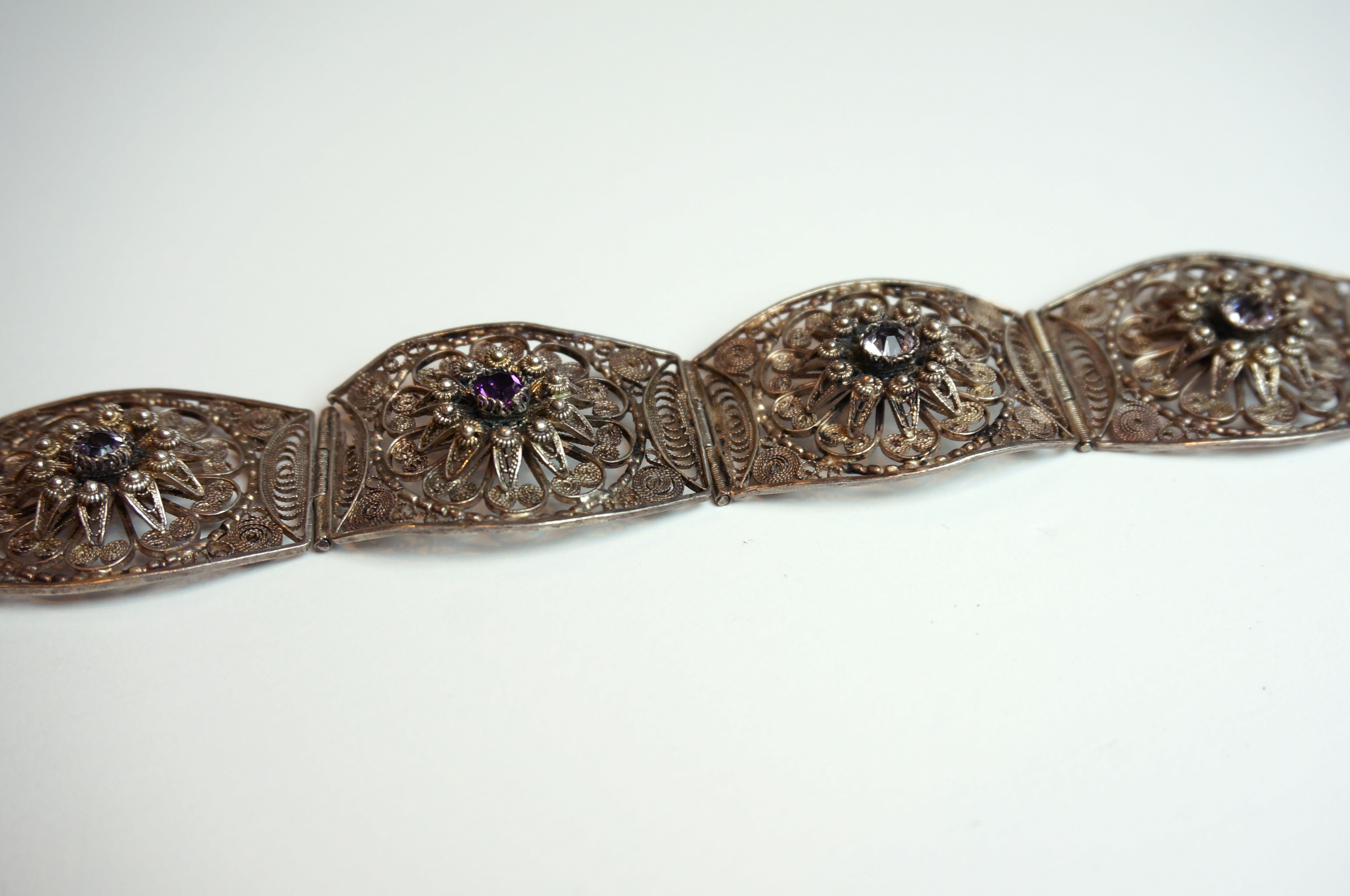 Silver Tone Filigree and Rhinestone Bracelet