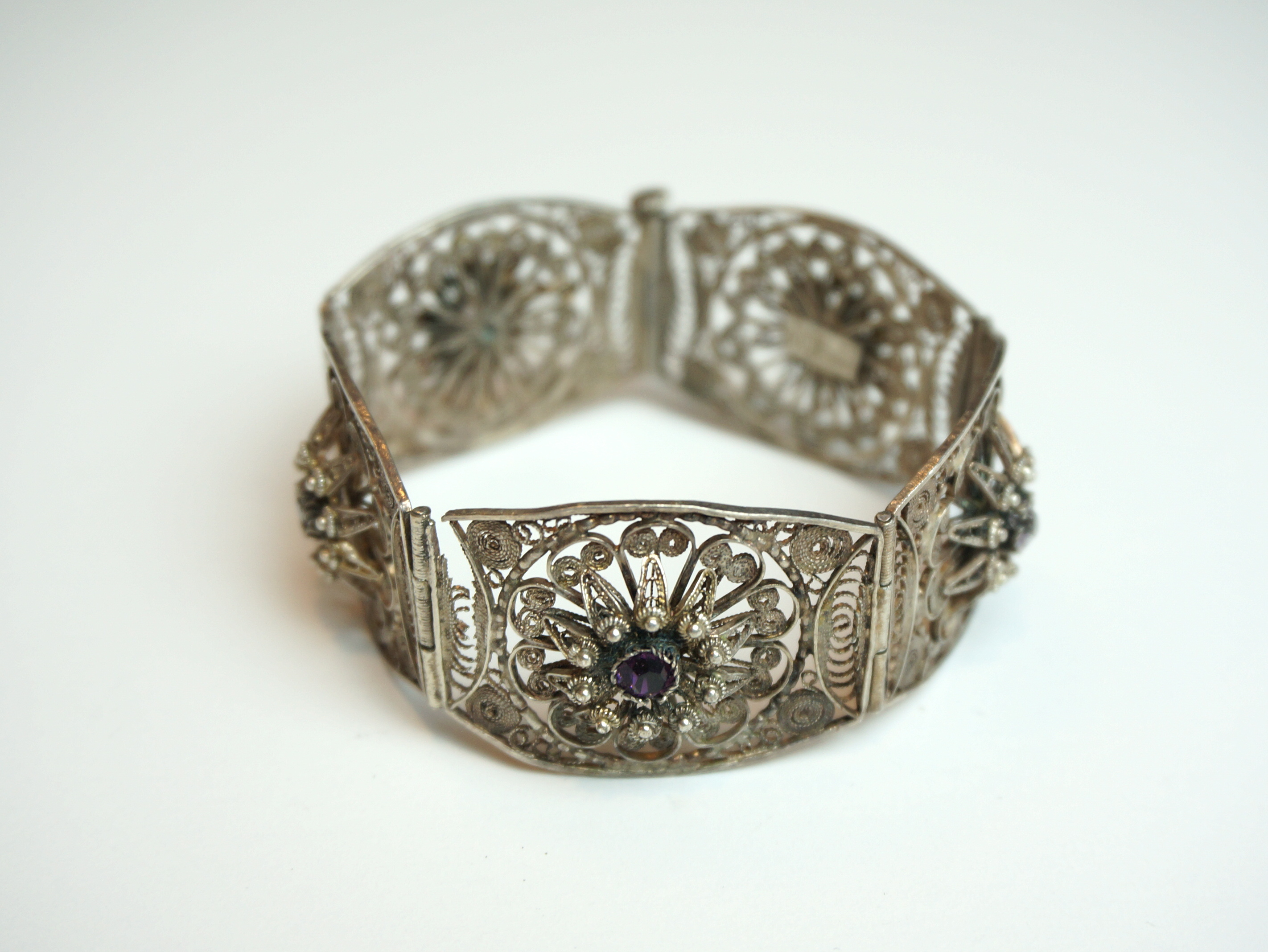 Silver Tone Filigree and Rhinestone Bracelet