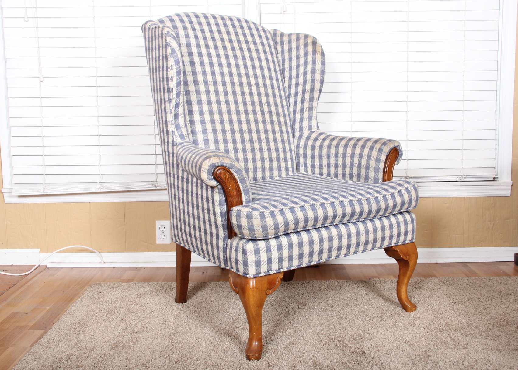 Gingham Wingback Chair in Blue and White