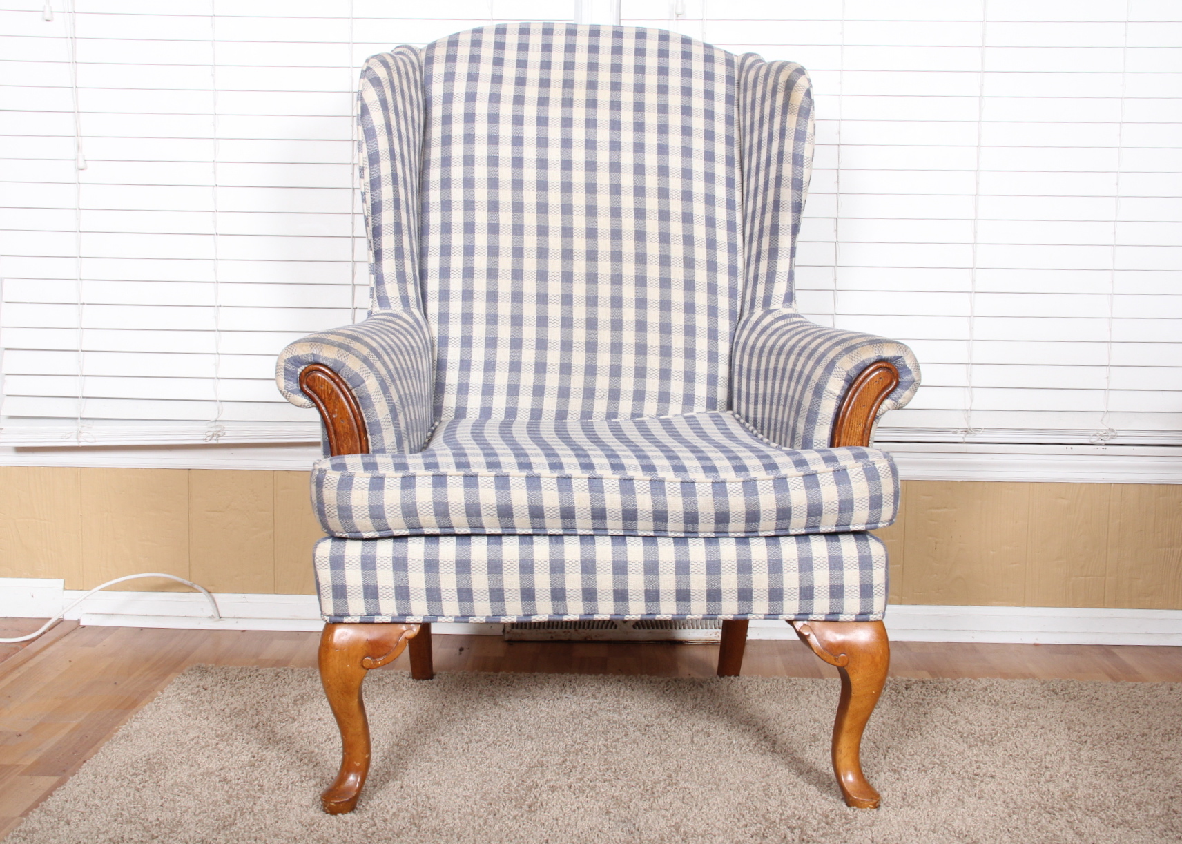 Gingham Wingback Chair in Blue and White