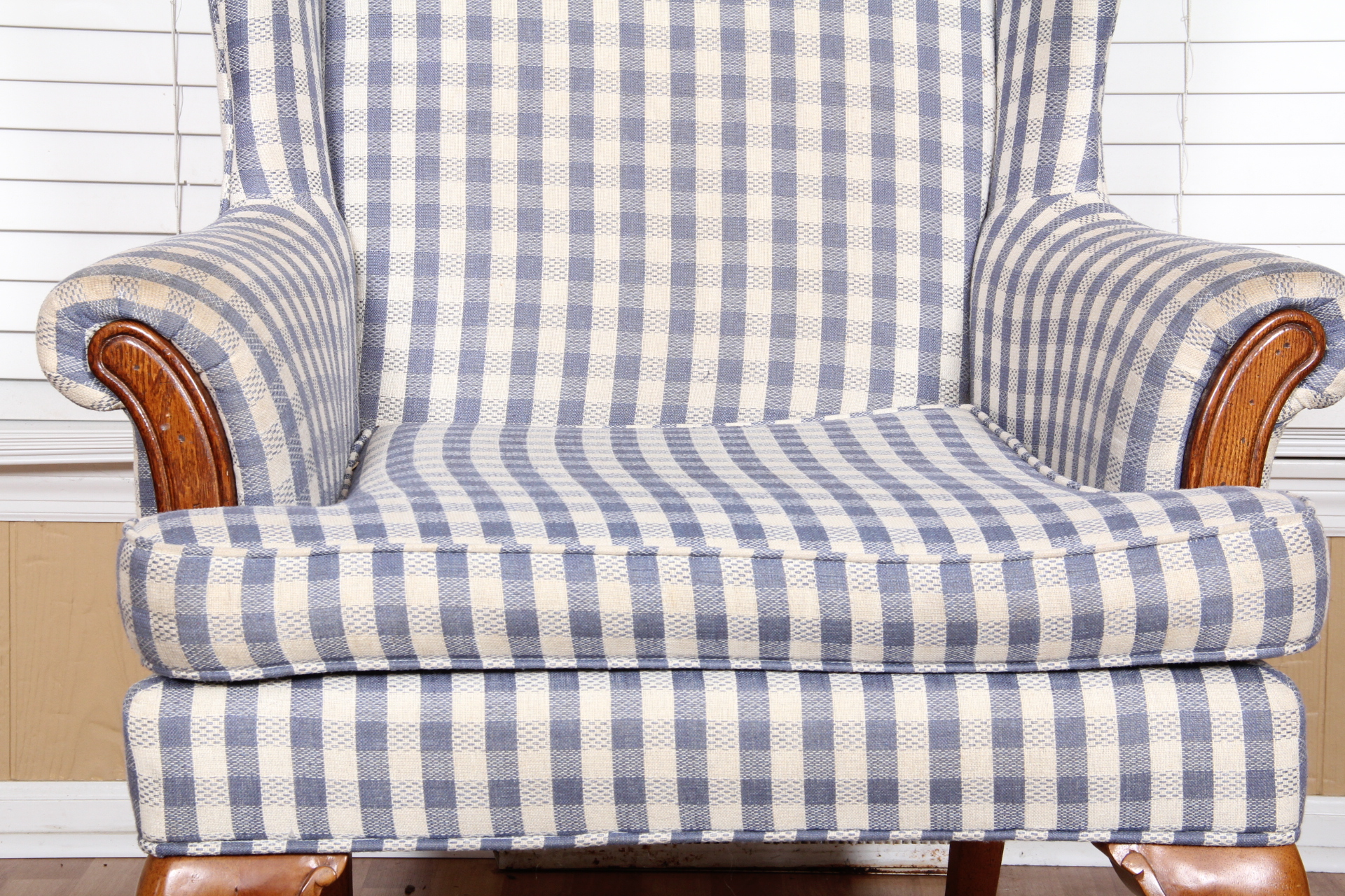 Gingham Wingback Chair in Blue and White