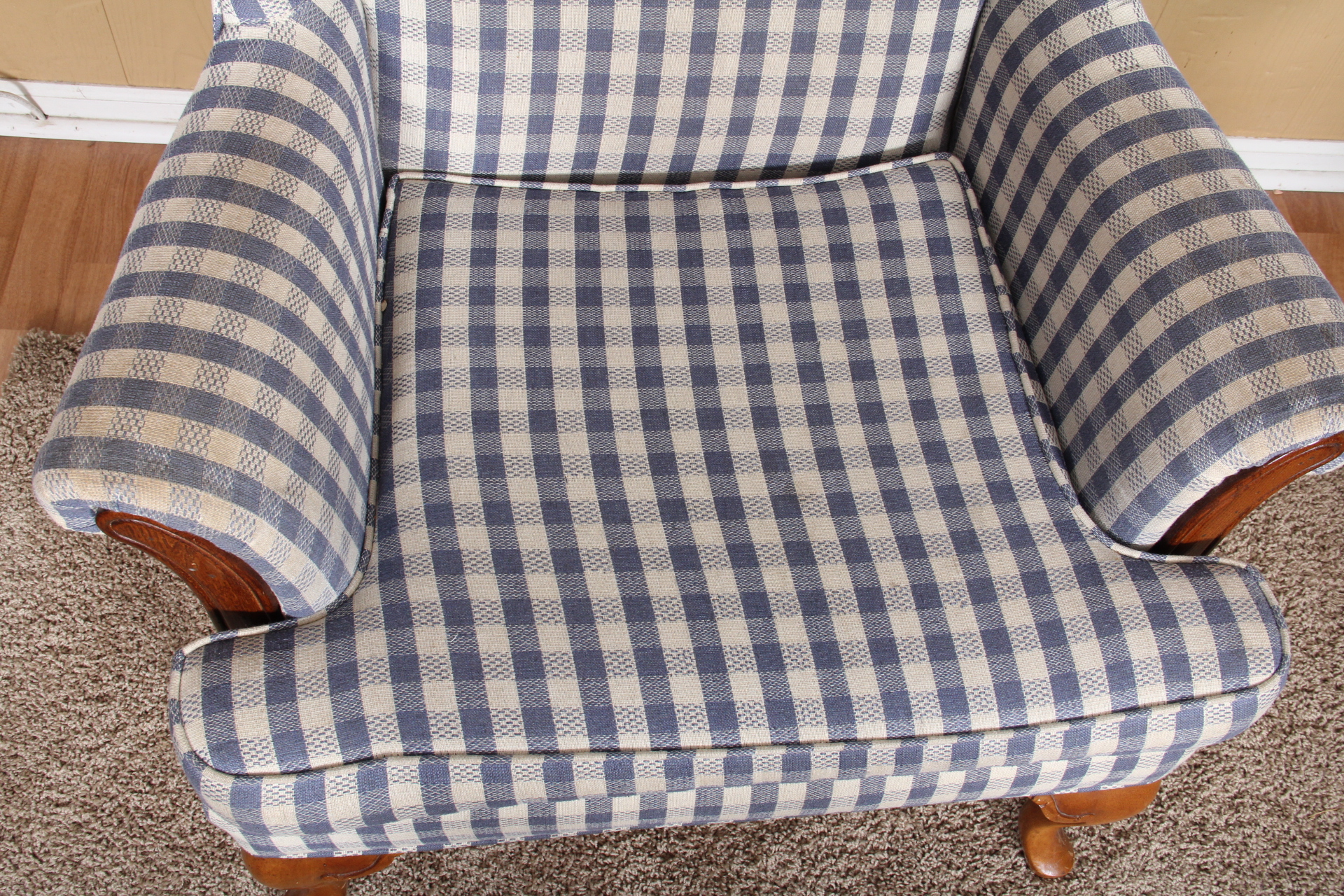 Gingham Wingback Chair in Blue and White