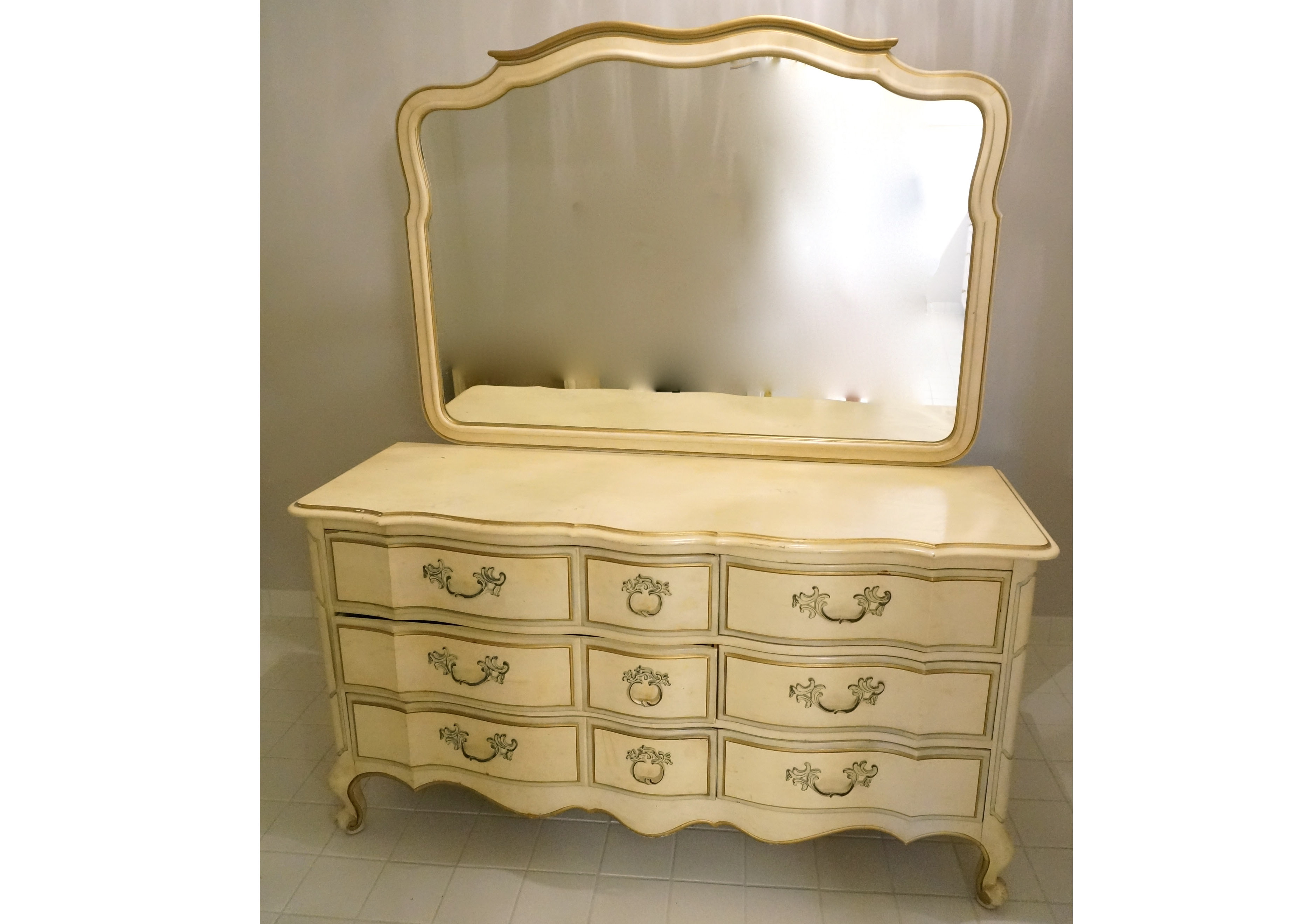 Vintage Yellow French Provincial Style Dresser with Mirror