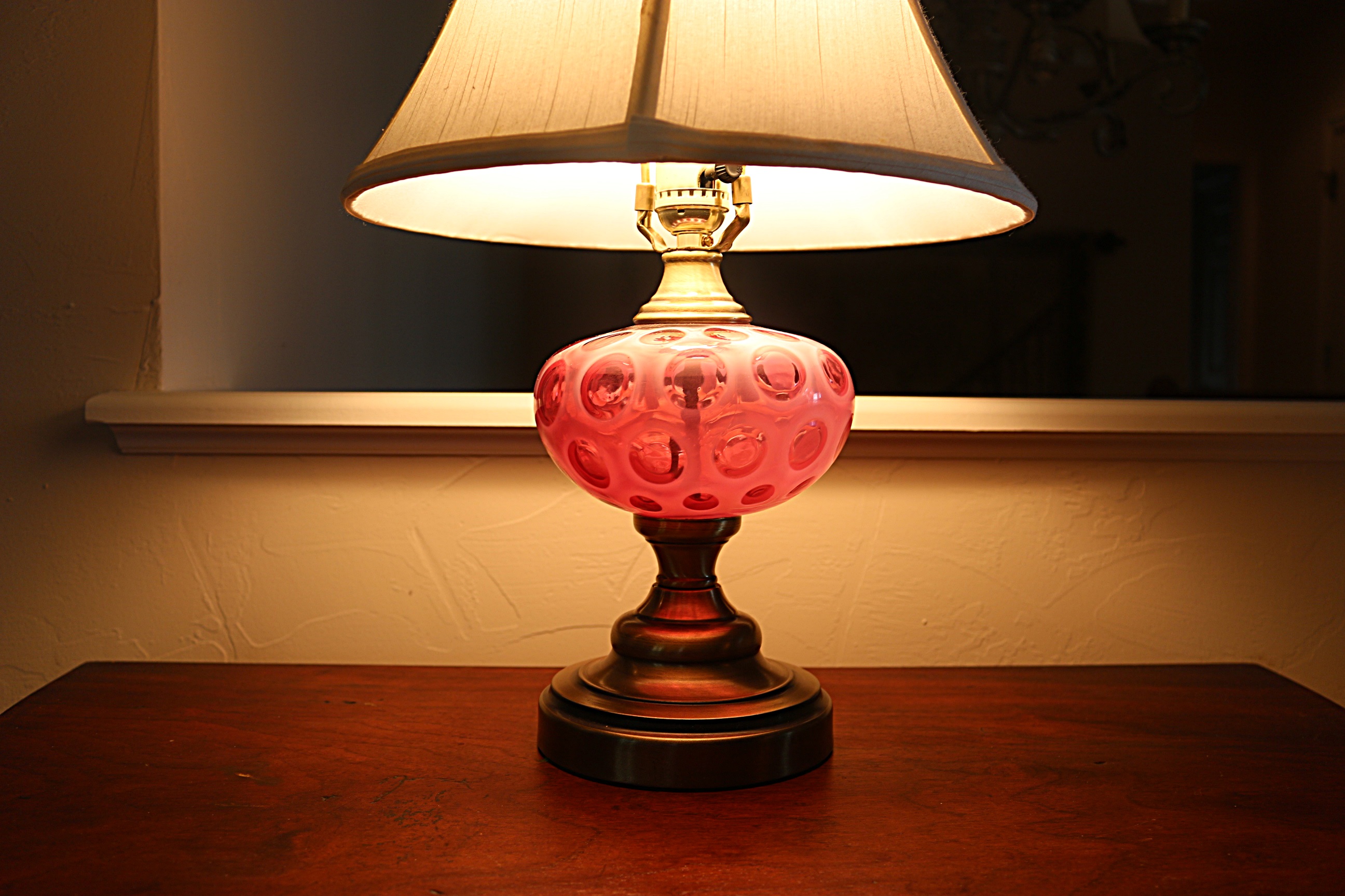 Vintage Fenton Cranberry and Brass Table Lamp