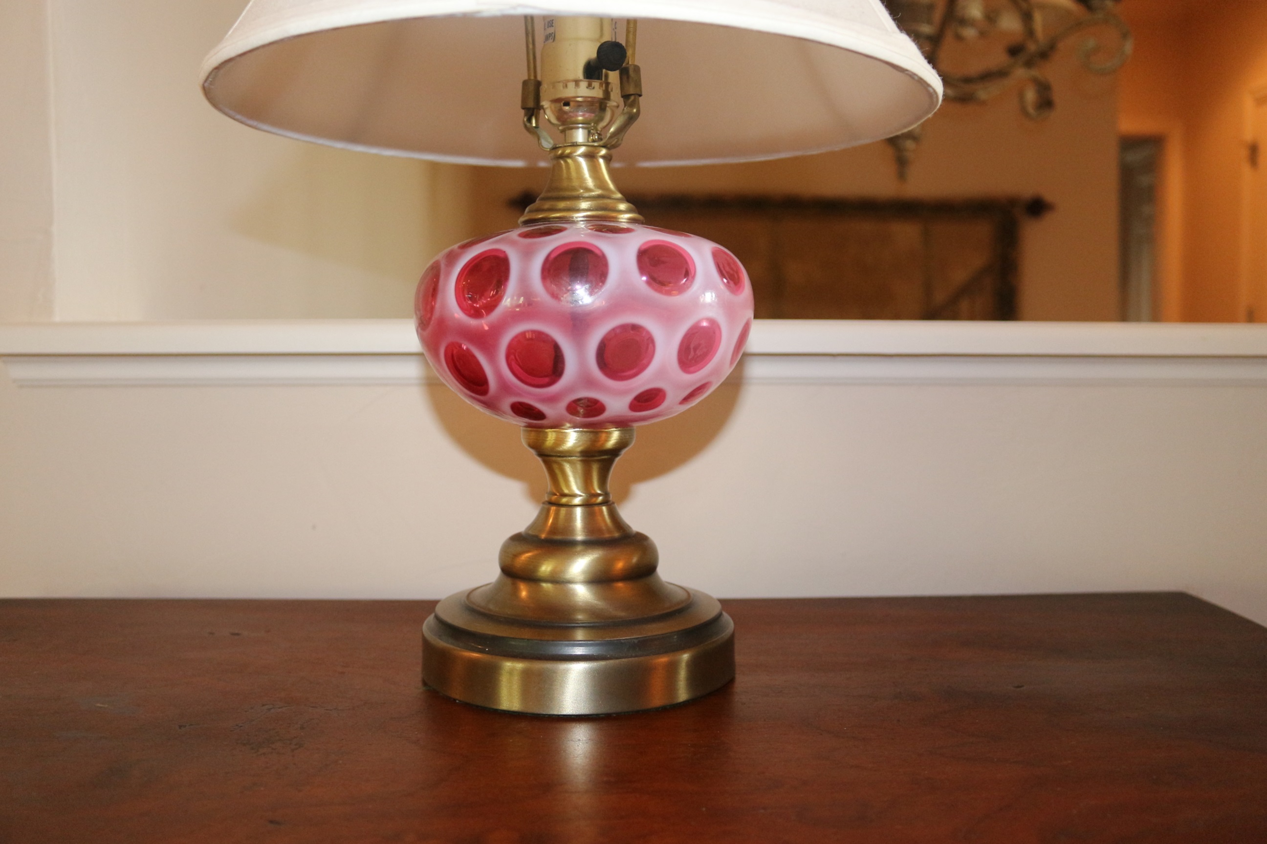 Vintage Fenton Cranberry and Brass Table Lamp