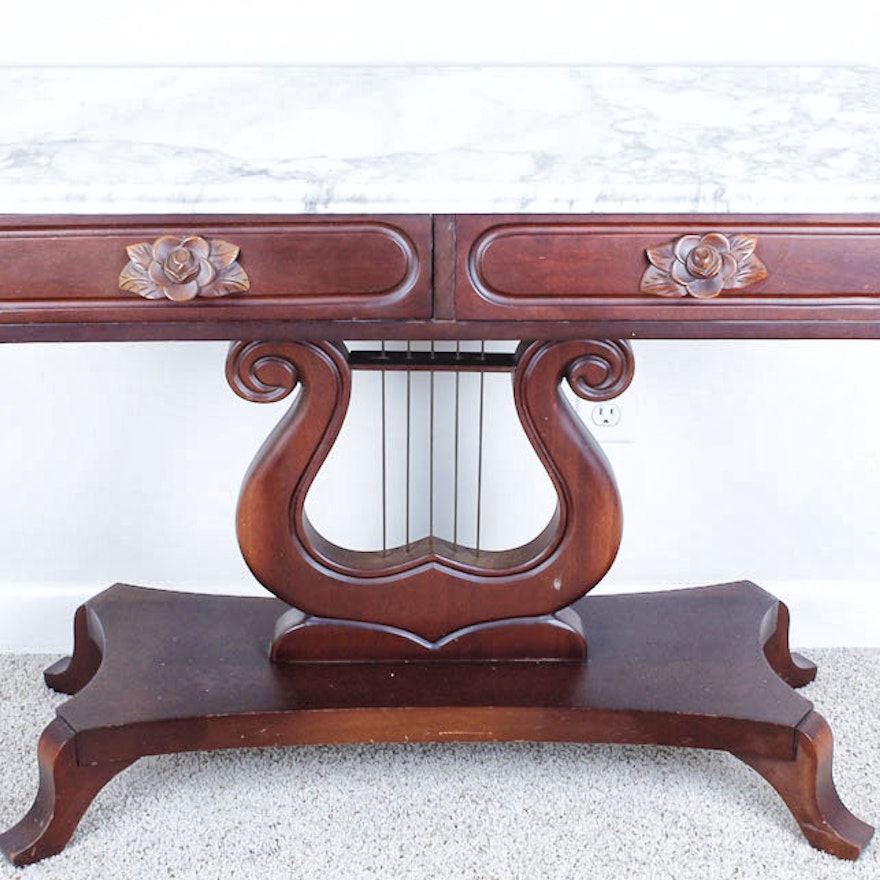 Replica Victorian Marble Top Table with Lyre and Rose Detail
