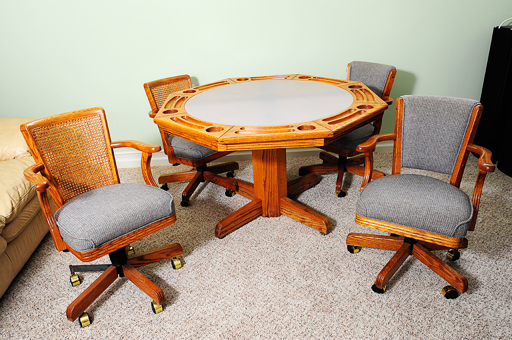 Oak Flip Top Poker Table with 4 Chairs