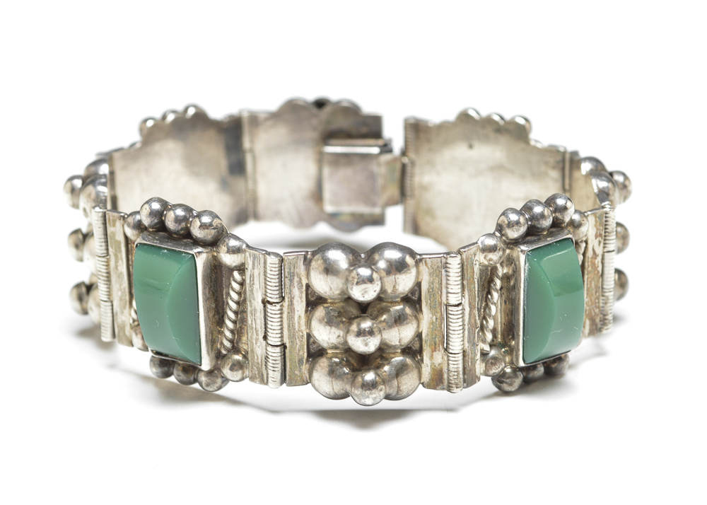 Mexican Sterling Silver and Green Onyx Bracelet