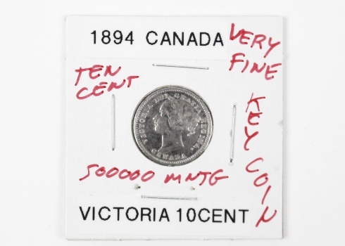 1894 Canadian Victoria Ten Cent Very Fine Key Coin