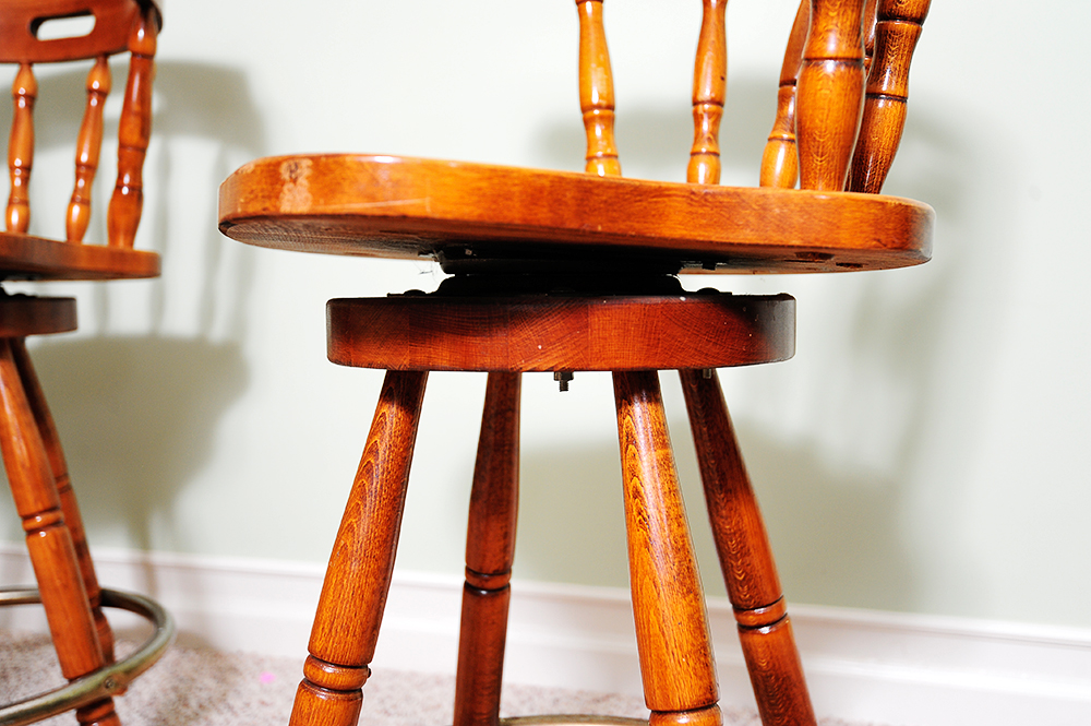 Pair of Vintage Swivel Oak Bar Stools