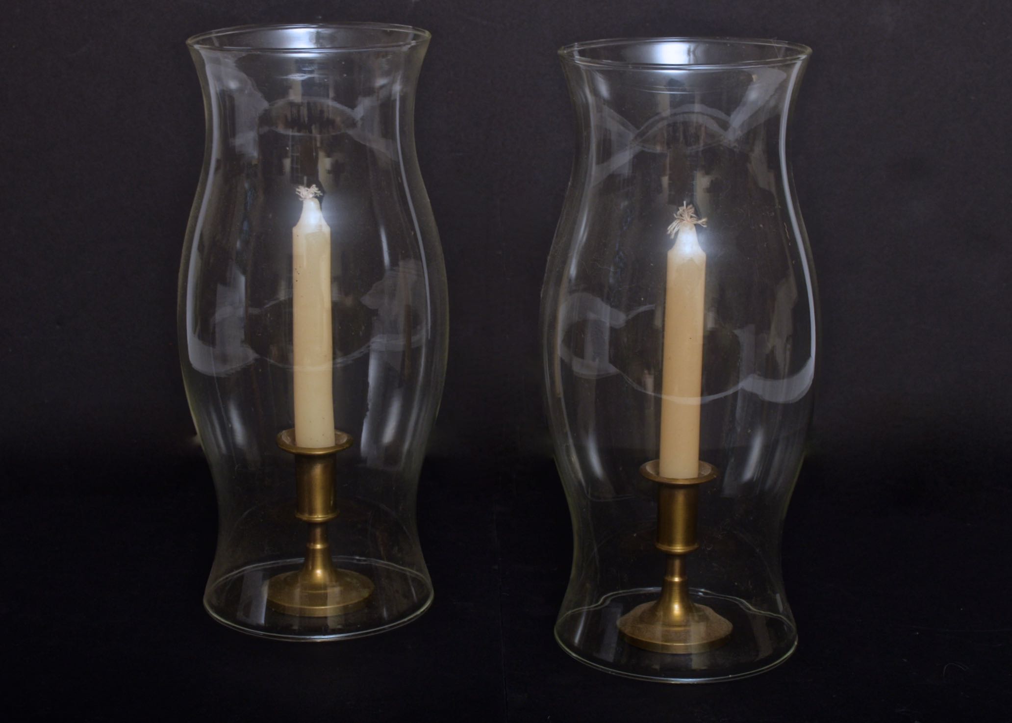 Pair of Brass Candlesticks with Glass Hurricanes