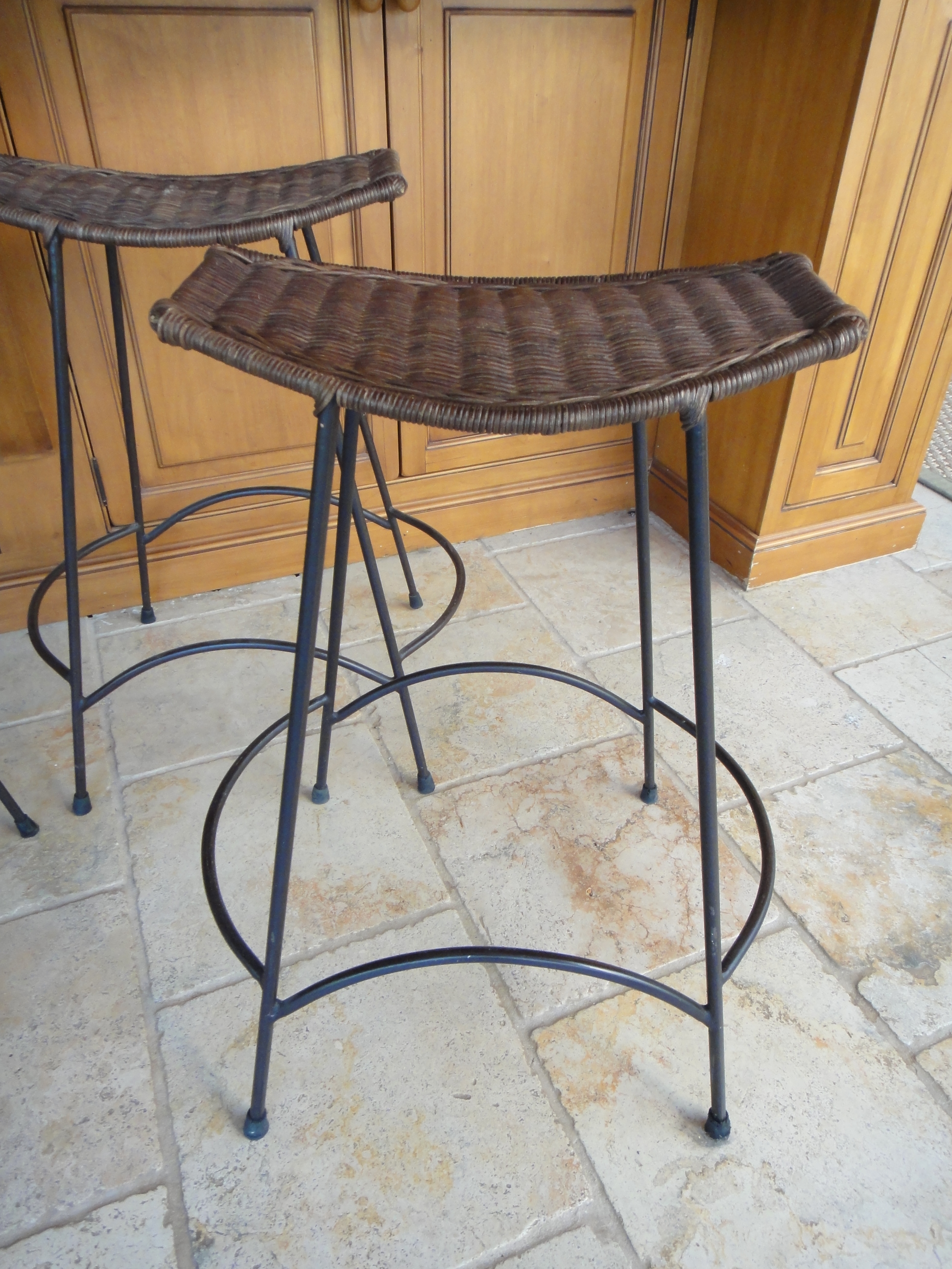 Four Vintage Wrought Iron Wicker Bar Stools