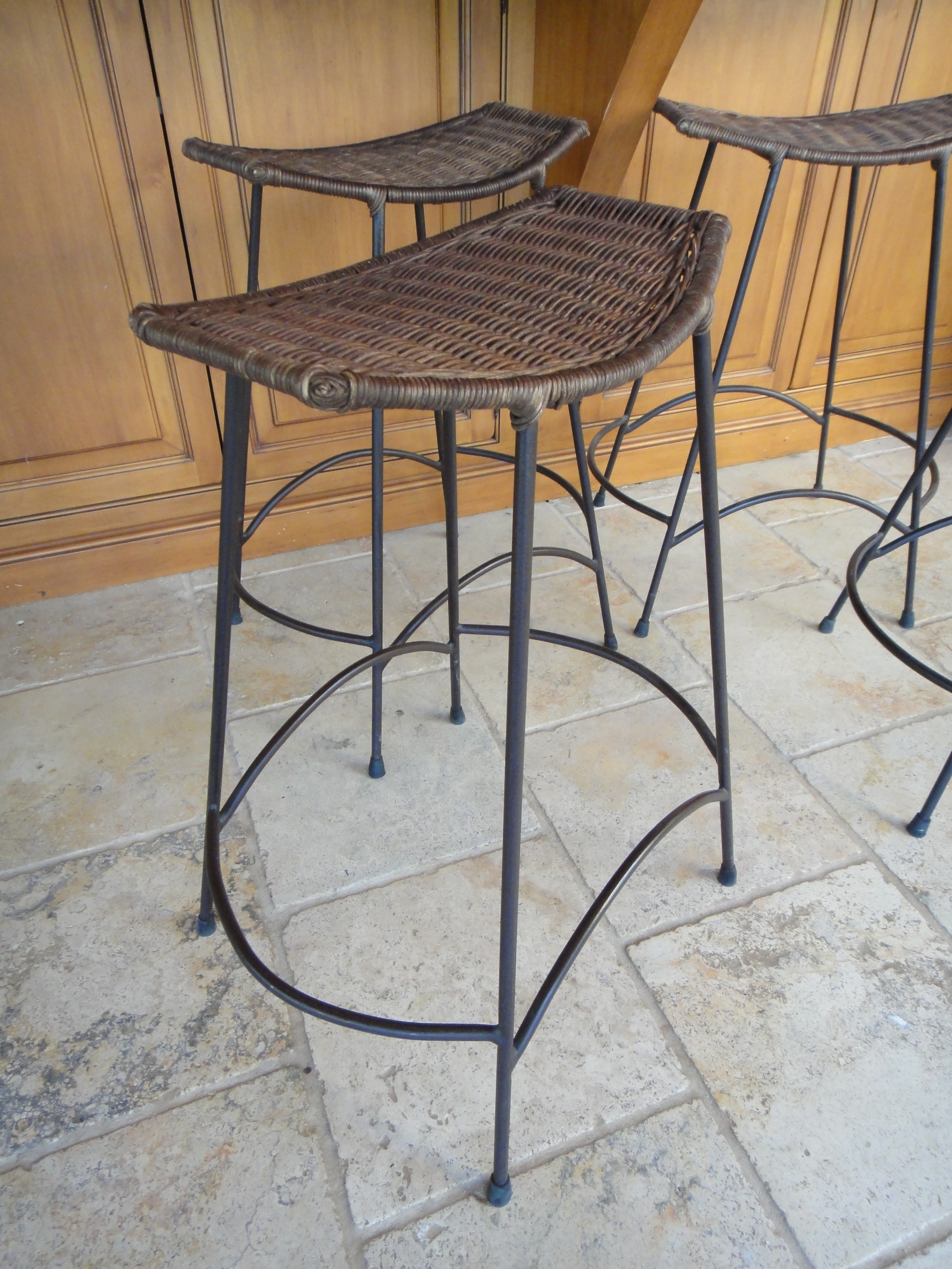 Four Vintage Wrought Iron Wicker Bar Stools