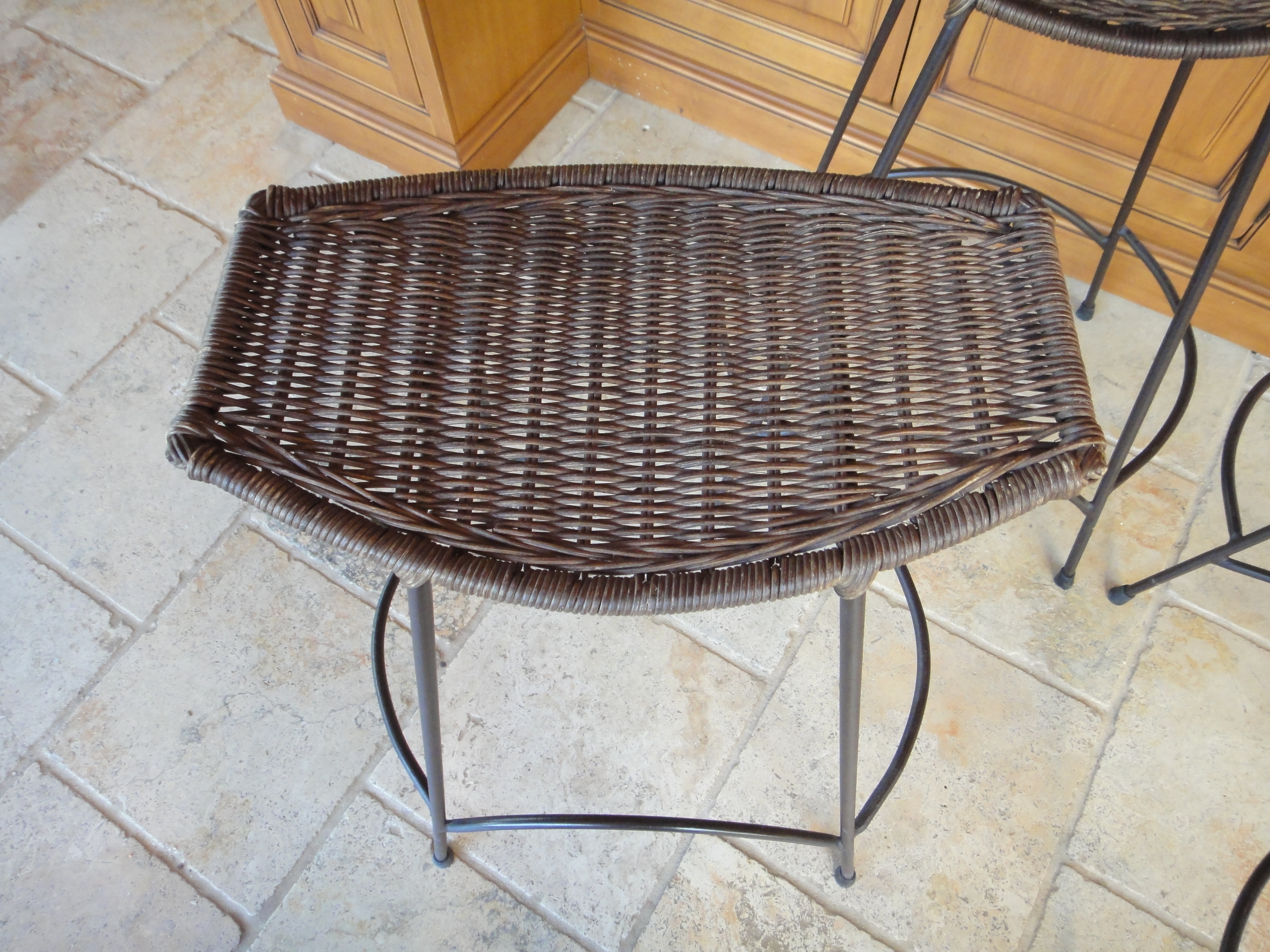 Four Vintage Wrought Iron Wicker Bar Stools