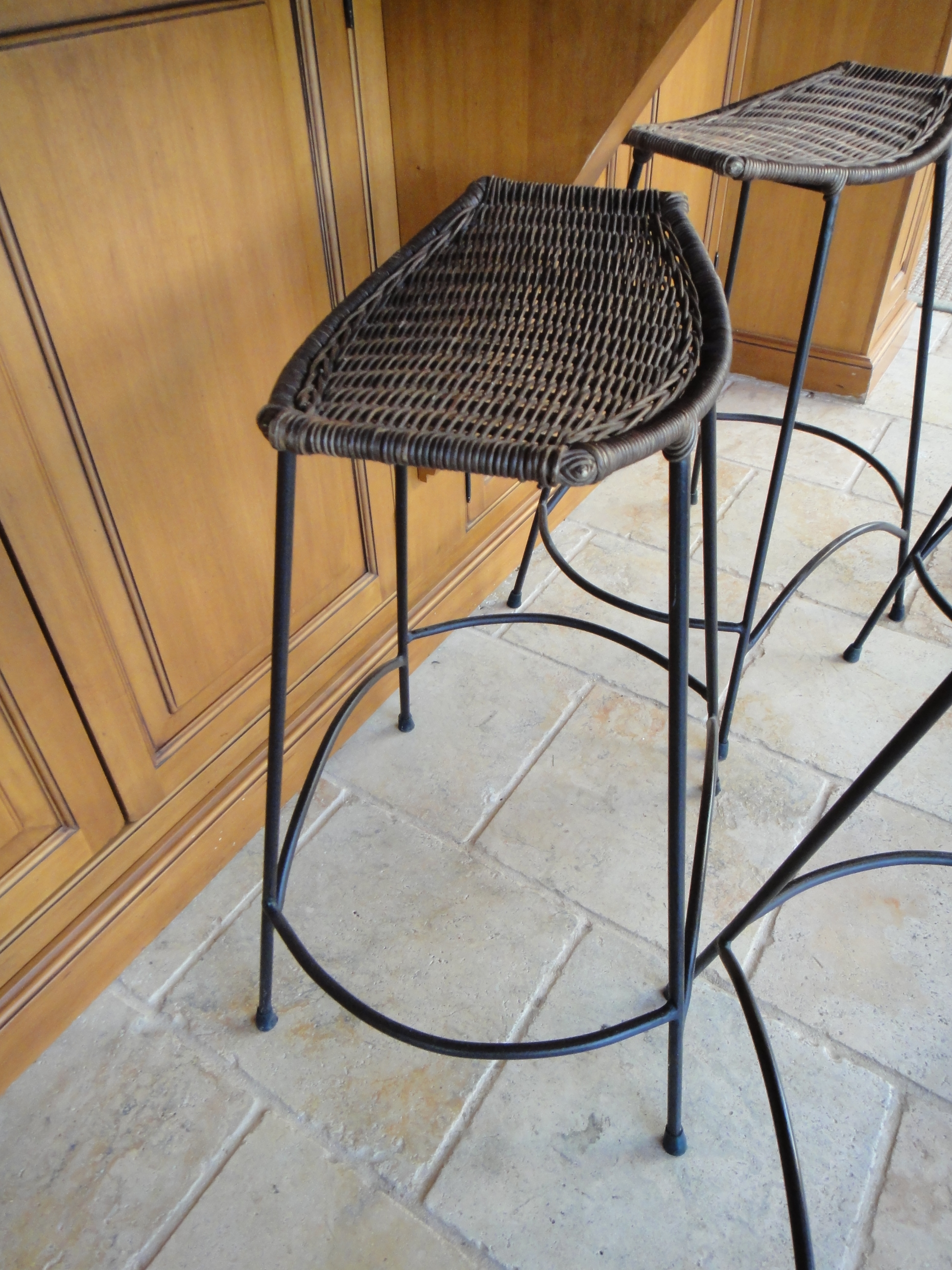 Four Vintage Wrought Iron Wicker Bar Stools