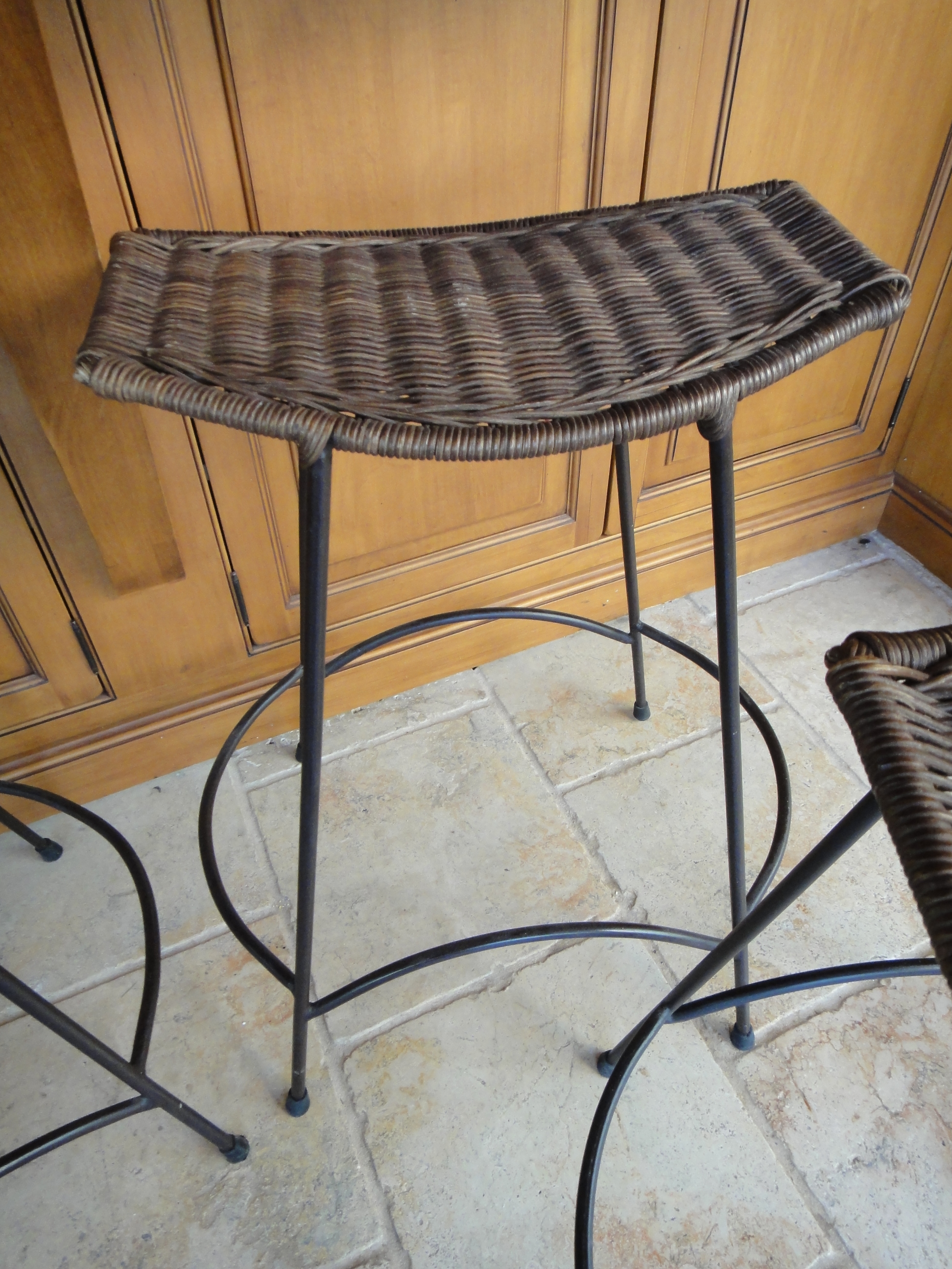 Four Vintage Wrought Iron Wicker Bar Stools
