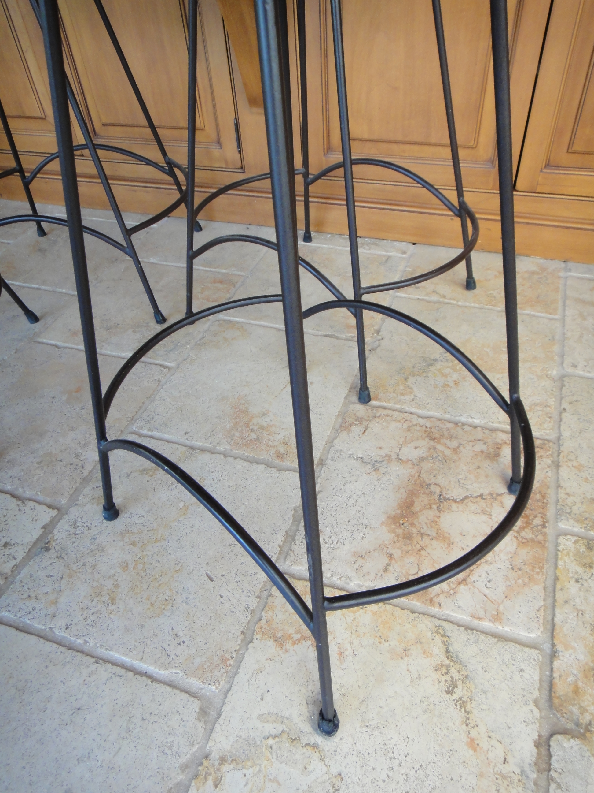 Four Vintage Wrought Iron Wicker Bar Stools