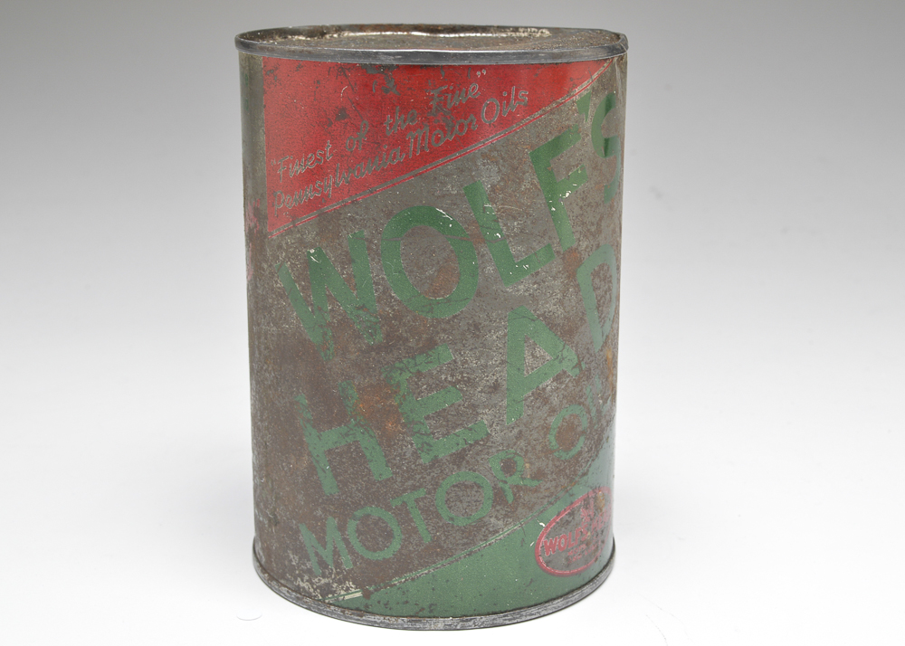 A Vintage Wolf's Head Motor Oil Can