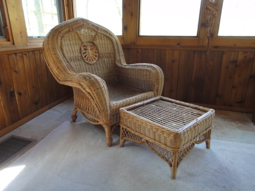 Vintage Ralph Lauren Wicker Straw Chair and Ottoman