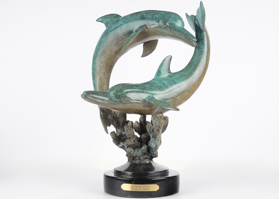 Gary R. Johnson Cast Bronze Sculpture, "Dolphins Couple"