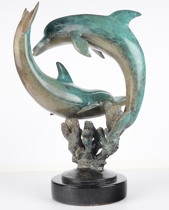 Gary R. Johnson Cast Bronze Sculpture, "Dolphins Couple"
