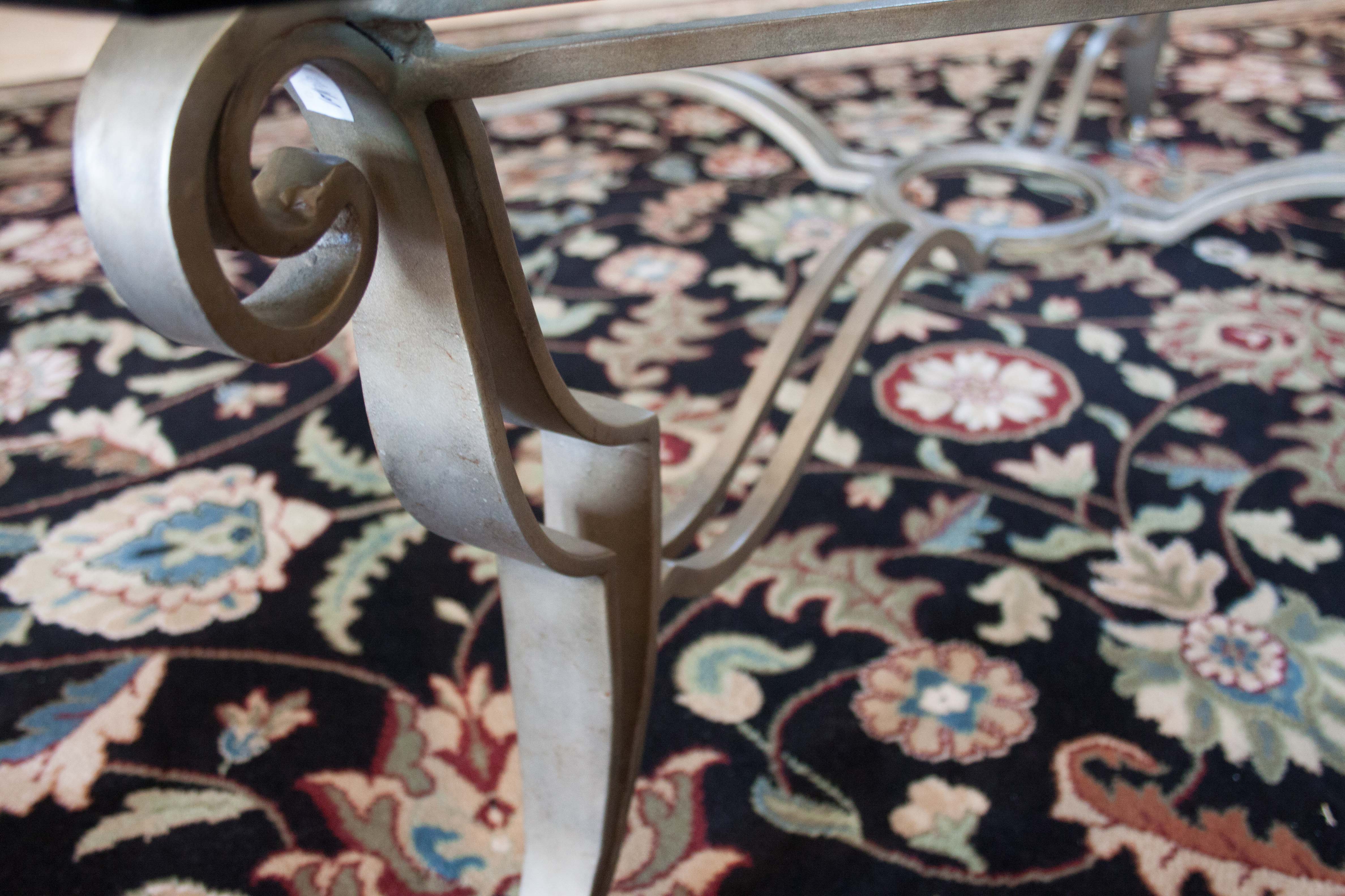 Glass Coffee Table with Scrolling Metal Base