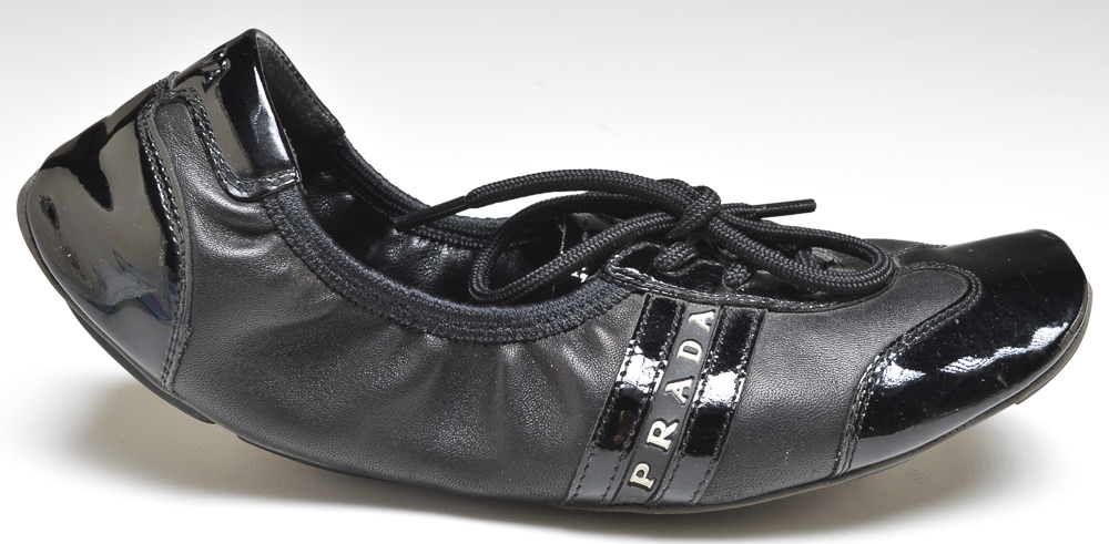 Prada Designer Black Calf and Patent Leather Sporty Shoes