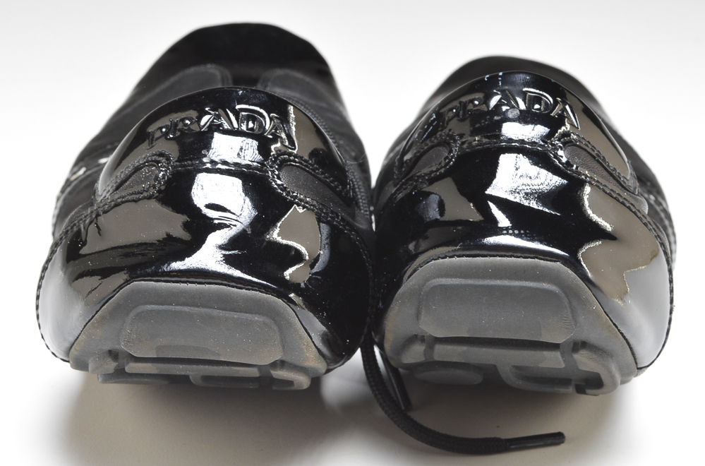 Prada Designer Black Calf and Patent Leather Sporty Shoes