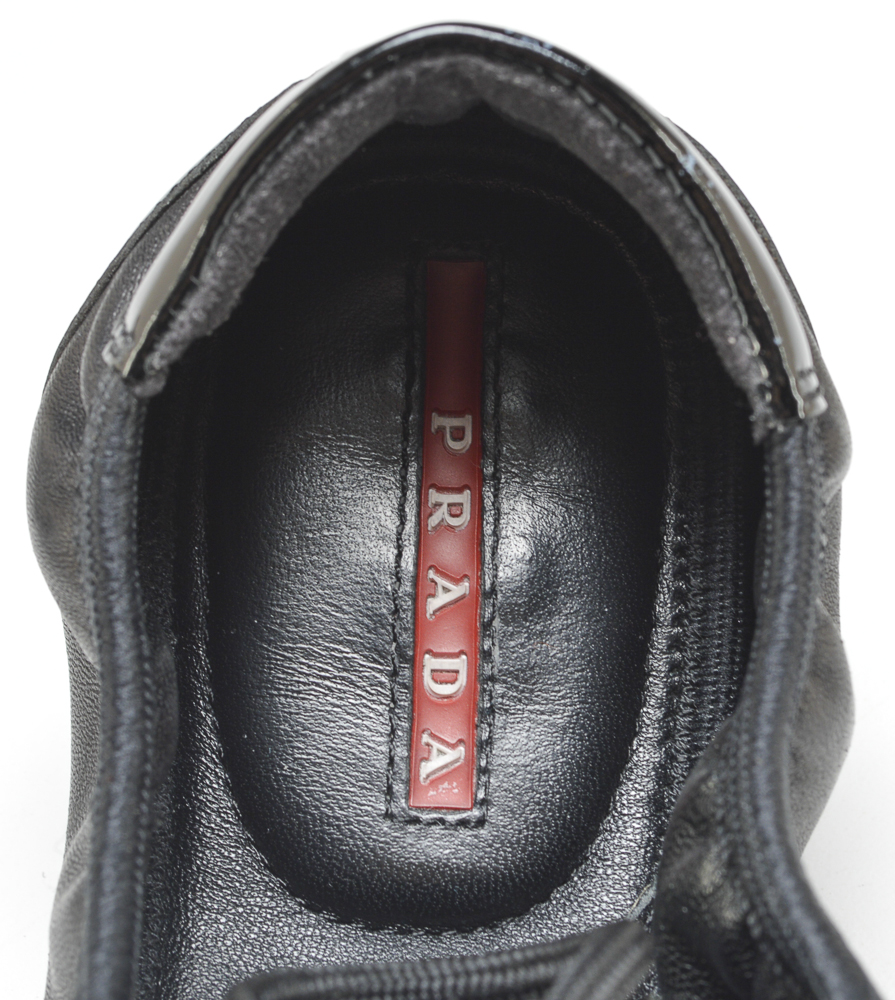 Prada Designer Black Calf and Patent Leather Sporty Shoes