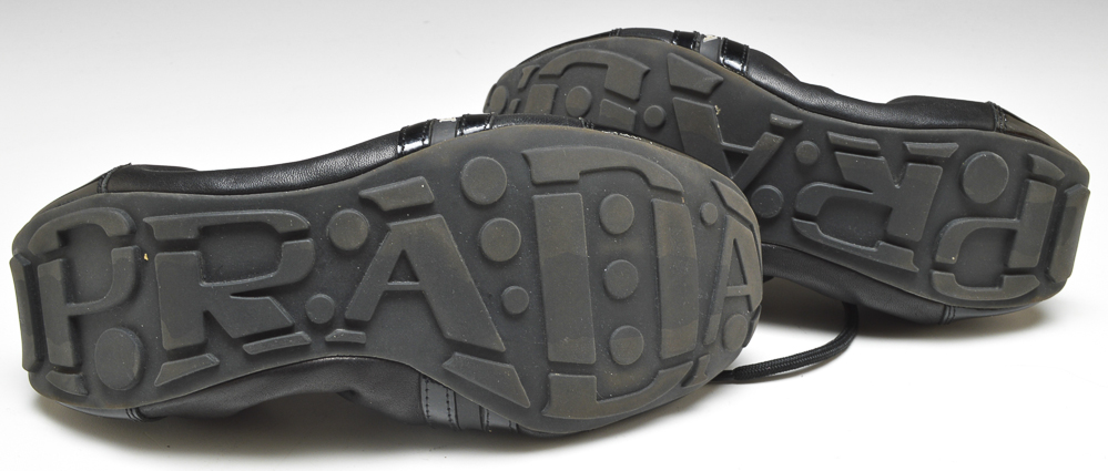 Prada Designer Black Calf and Patent Leather Sporty Shoes