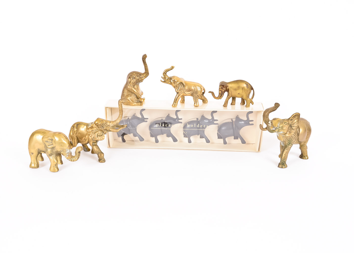 Collection of Brass Elephant Figurines and Place Card Holders