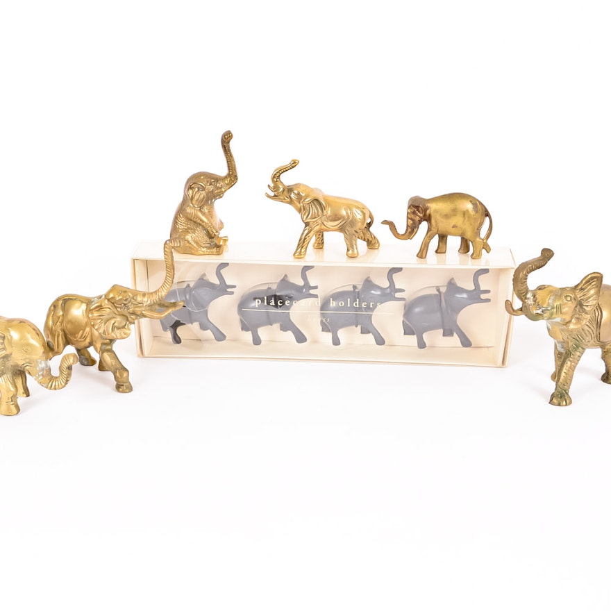 Collection of Brass Elephant Figurines and Place Card Holders